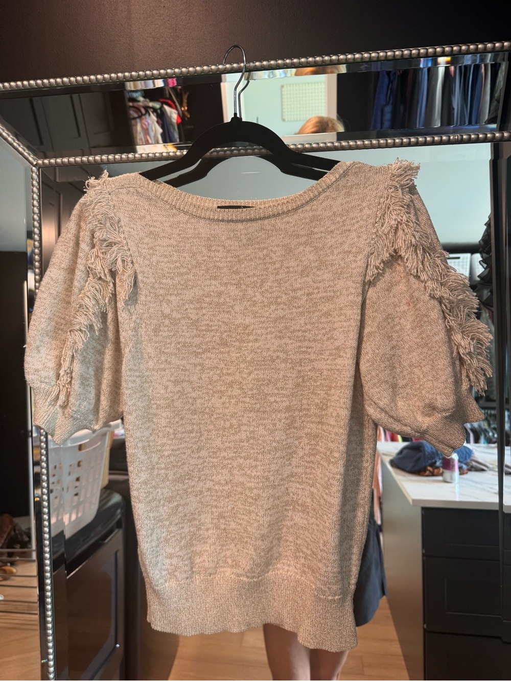 Ann Taylor Beige and gold Fringe-Trim Scoop Neck Sweater